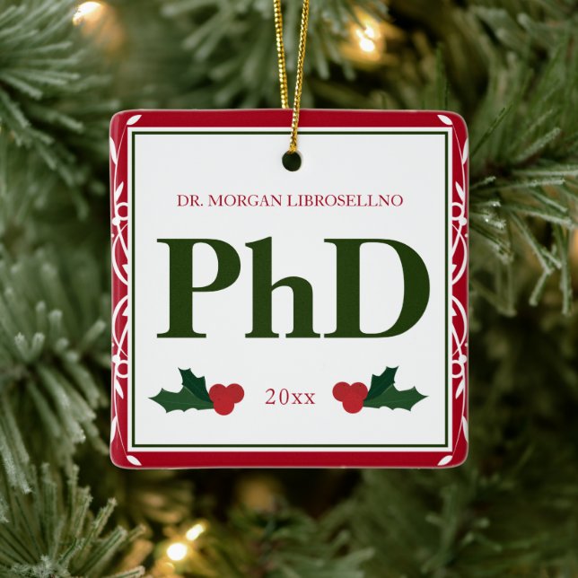 Border Red Green Holly Name Year PhD Abschluss Keramikornament (Baum)