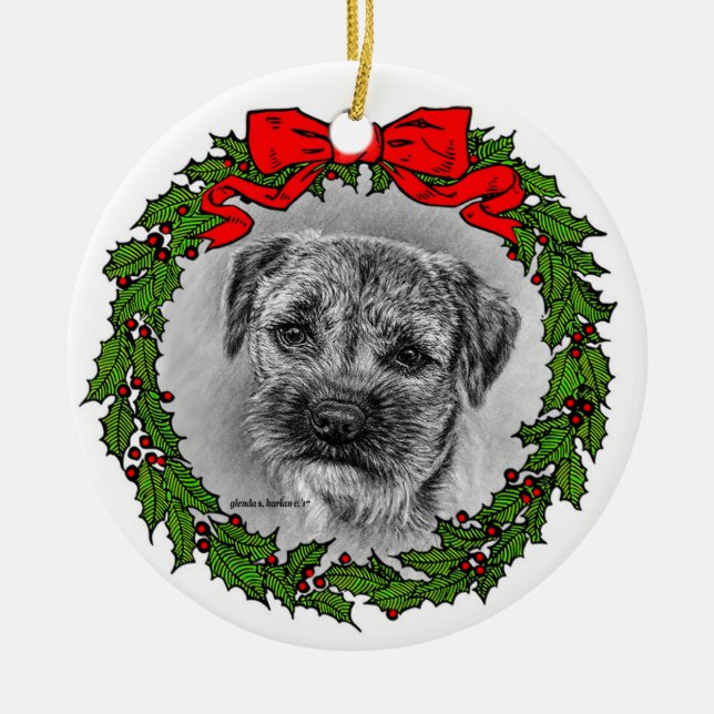 Border Terrier Art by Glenda S. Harlan Keramik Ornament (Vorne)