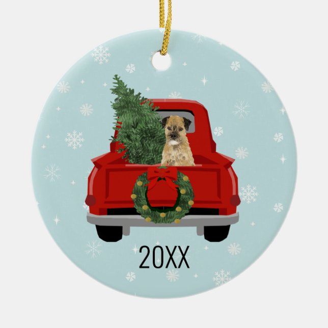 Border Terrier Christmas Red Truck Keramik Ornament (Vorne)