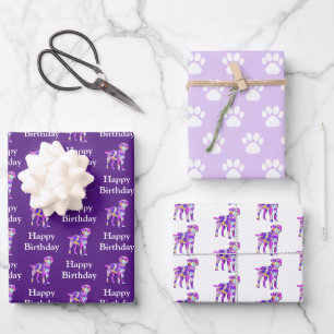Border Terrier Dog Silhouett Lila Happy Birthday Geschenkpapier Set