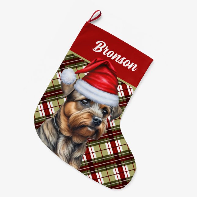 Border Terrier Holiday Kariert und Hunde Name Großer Weihnachtsstrumpf (Vorderansicht (hängend))