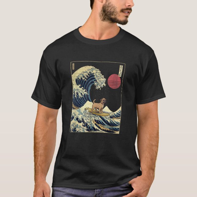 Border Terrier Japanese Kanagawa Wave Funny Surf D T-Shirt (Vorderseite)