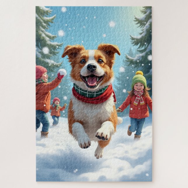Border Terrier Schneeballkampf Weihnachtsbild (Vertikal)