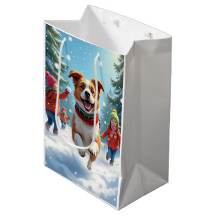 Border Terrier Schneeballkampf Weihnachtsbild Mittlere Geschenktüte