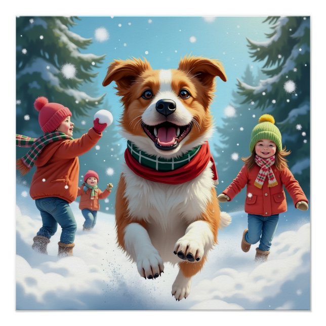 Border Terrier Schneeballkampf Weihnachtsbild Poster (Vorderseite)