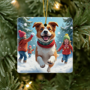Border Terrier Schneeballschlacht Weihnachtsbild Keramikornament