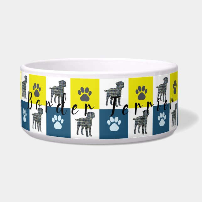 Border Terrier Silhouette & Paw Yellow & Blue Grid Napf (Vorderseite)