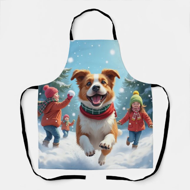 Border Terrier Snowball Fight Christmas Painting Schürze (Vorderseite)