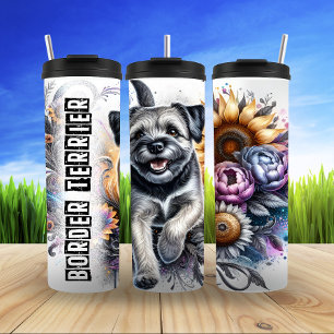 Border Terrier's Joyful Floral Journey Thermosbecher