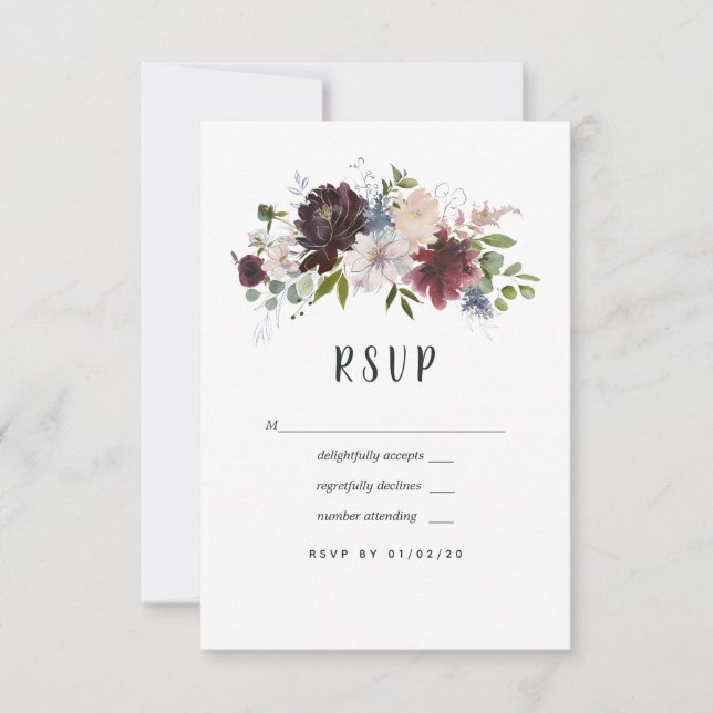 Bordo, Navy und Blush Floral Wedding RSVP Karte (Vorderseite)