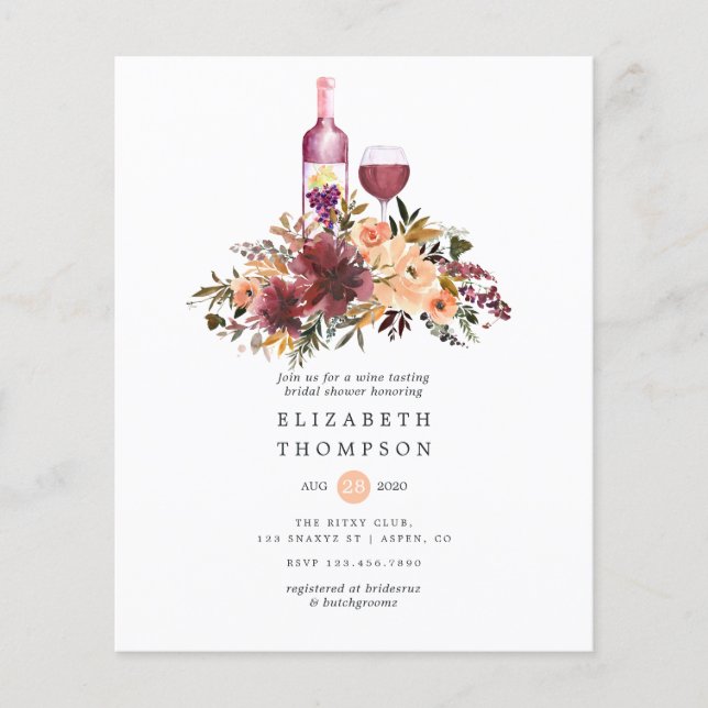 Bordo Peach Floral Wine Degustation Brautparty Flyer (Vorne)
