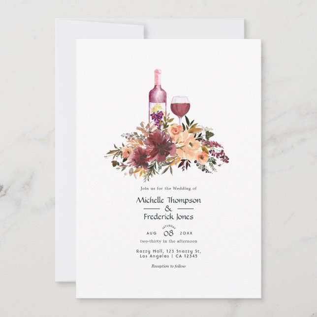 Bordo Peach Floral Wine Degustation Wedding Einladung (Vorderseite)