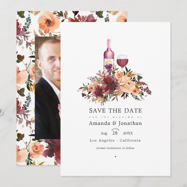 Bordo Peach Floral Wine Degustation Wedding Save The Date (Vorne/Hinten)