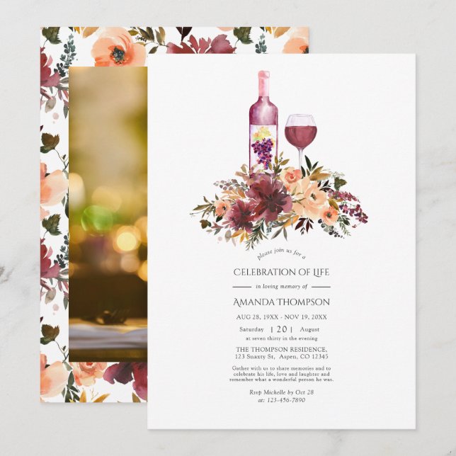 Bordo Peach Floral Wine Themed Feier des Lebens Einladung (Vorne/Hinten)