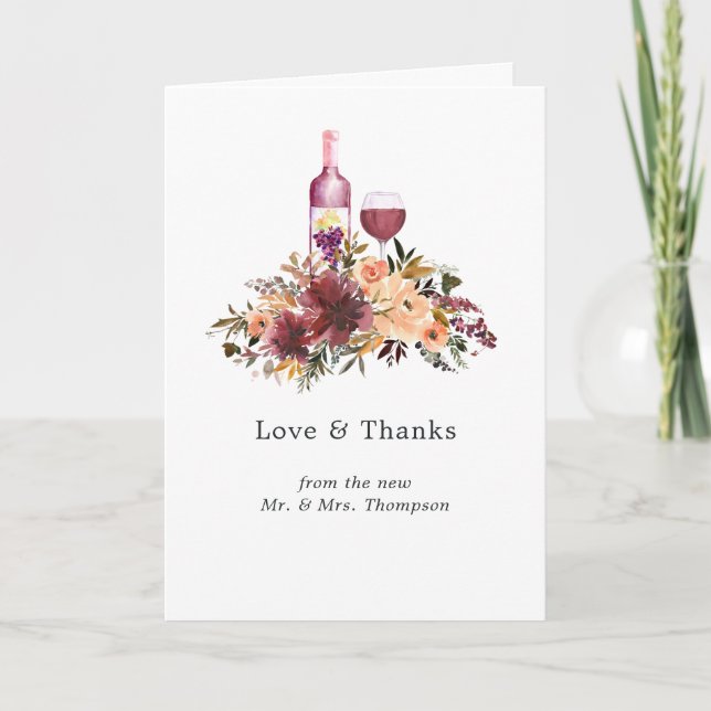 Bordo Peach Floral Wine Wedding Foto Dankeskarte (Vorderseite)