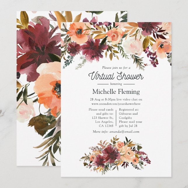 Bordo Peach Watercolor Virtual Baby Dusche Einladung (Vorne/Hinten)