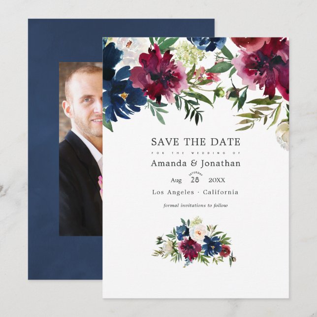Bordo- und Navy-Aquarell-Foto Save The Date (Vorne/Hinten)