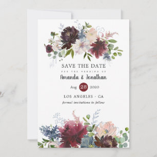 Bordo- und Navy-Blumen-Hochzeitsfoto Save The Date