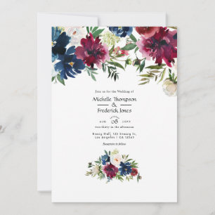 Bordo- und Navy-Watercolor-Blumenhochzeit Einladung