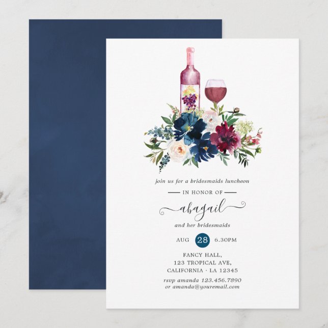 Bordo und Navy Wein Degustation Bridesmaids Lunche Einladung (Vorne/Hinten)