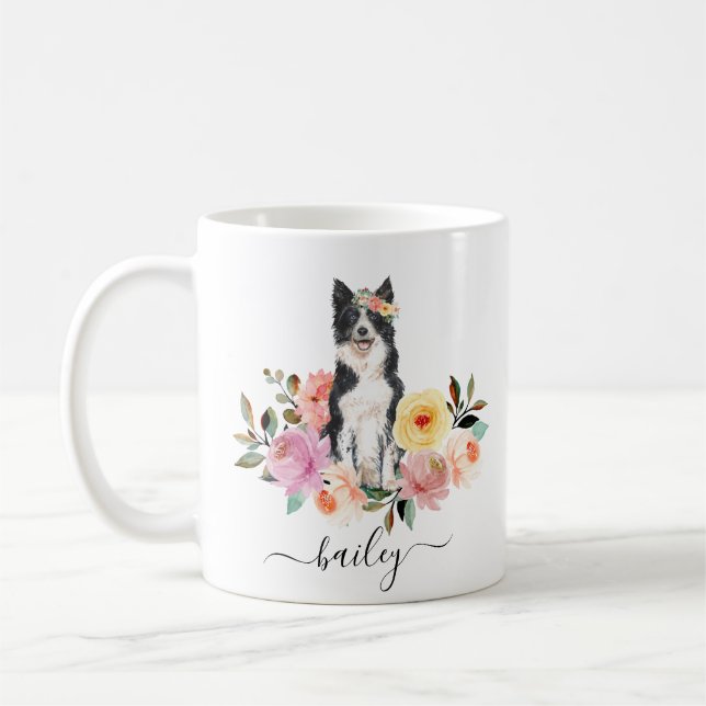 Bordure Collie Personnalisé Floral Café Mug (Gauche)
