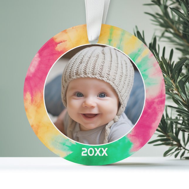 Bordure de teinture avec photo et année - Vert rou (Personalized Photo Ornament - Tie Dye Border)