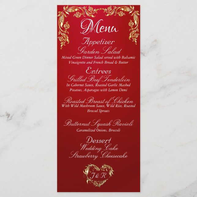 Bordure d'or sur le menu Mariage rouge Crimson (Devant)