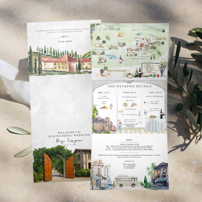 Borgo Corsignano | Illustrierte Hochzeit Dreifach Gefaltete Einladung (Von Creator hochgeladen)