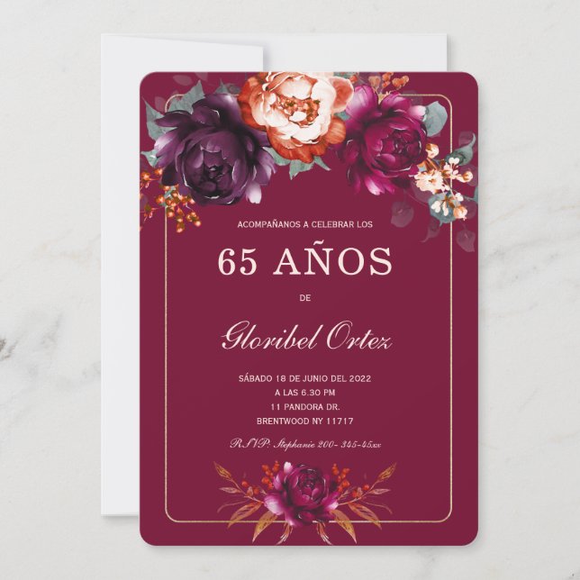 Borgoña 65. Ideen von Fiesta de cumpleaños para Einladung (Vorderseite)