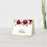 Borgundy Blush Pink Rose Floral Monogram Note Card