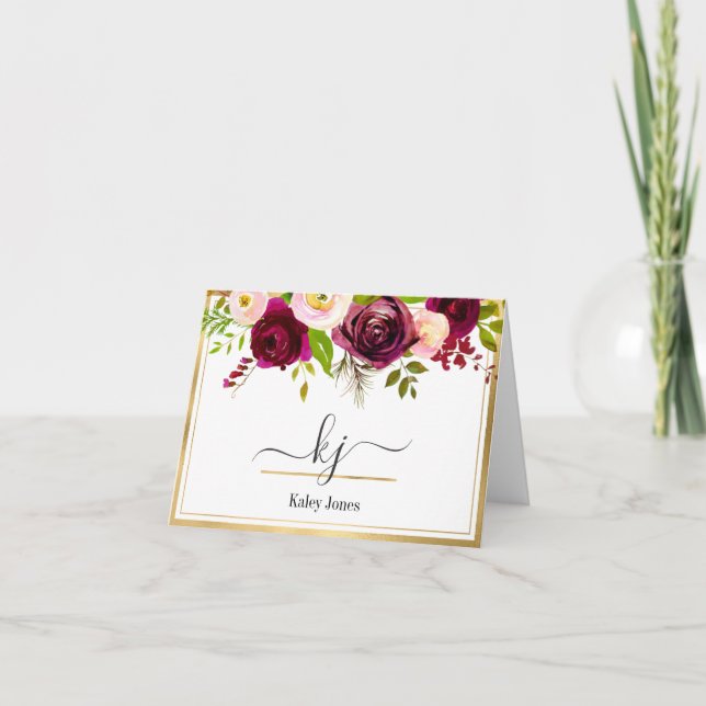 Borgundy Blush Pink Rose Floral Monogram Note Card Dankeskarte (Vorderseite)