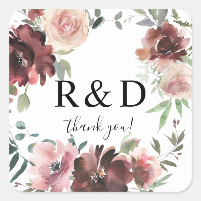 Borgundy & Dusty Blush Pink Floral Monogram Quadratischer Aufkleber (Vorderseite)