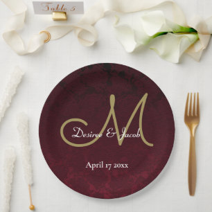 Borgundy Gold White Floral Wedg Monogram Pappteller