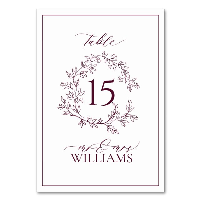 Borgundy Leafy Wappen Monogram Floral Wedding Tischnummer (Vorderseite)