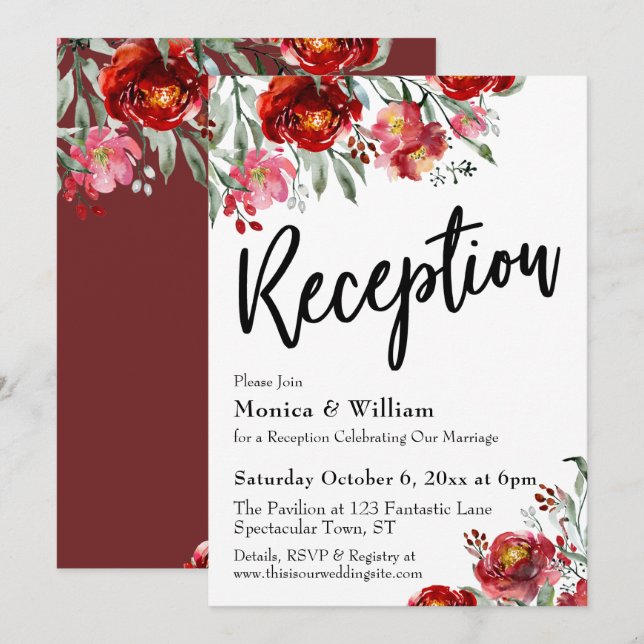 Borgundy Red Floral Wedding Reception Typografie Einladung (Vorne/Hinten)