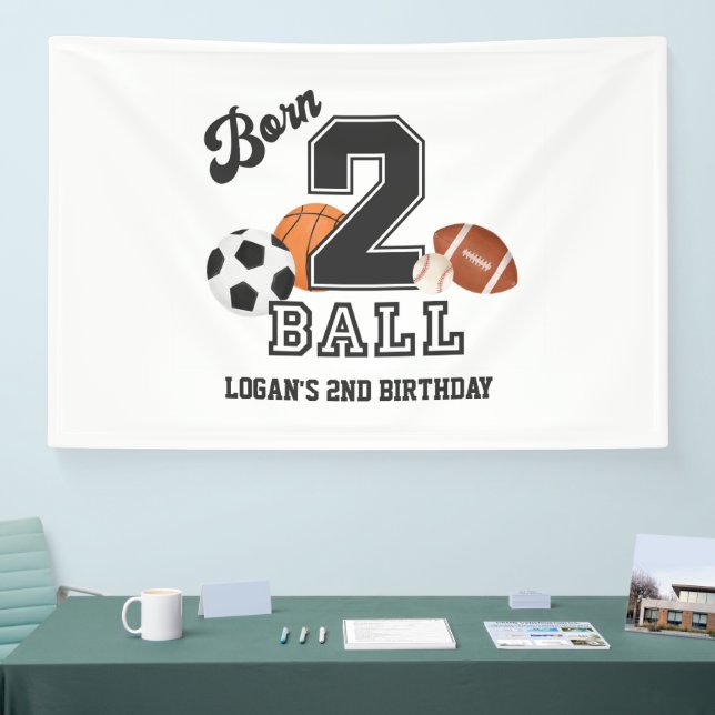 Born 2 Ball Sport Theme Boy Second Birthday Party Banner (Messe)