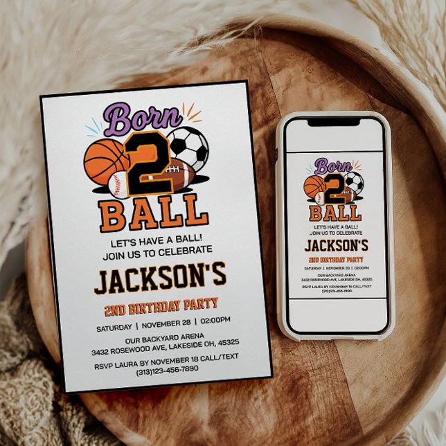 Born 2 Ball Sport Themed Boy 2nd Birthday Party  Einladung (Von Creator hochgeladen)