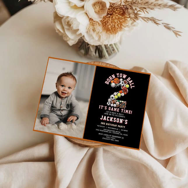 Born 2 Ball Sport Themed Boy 2nd Birthday Party Einladung (Born 2 Ball Sport Themed Boy 2nd Birthday Party Invitation
)