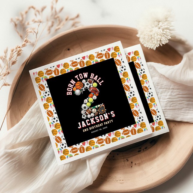 Born 2 Ball Sport Themed Boy 2nd Birthday Party Serviette (Born 2 Ball Sport Themed Boy 2nd Birthday Party Napkins
)