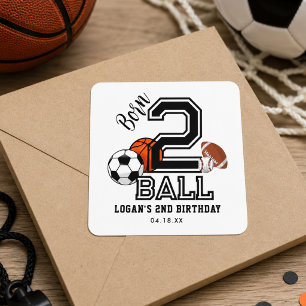 Born 2 Ball Sports Theme Jungen 2. Geburtstagsfeie Quadratischer Aufkleber
