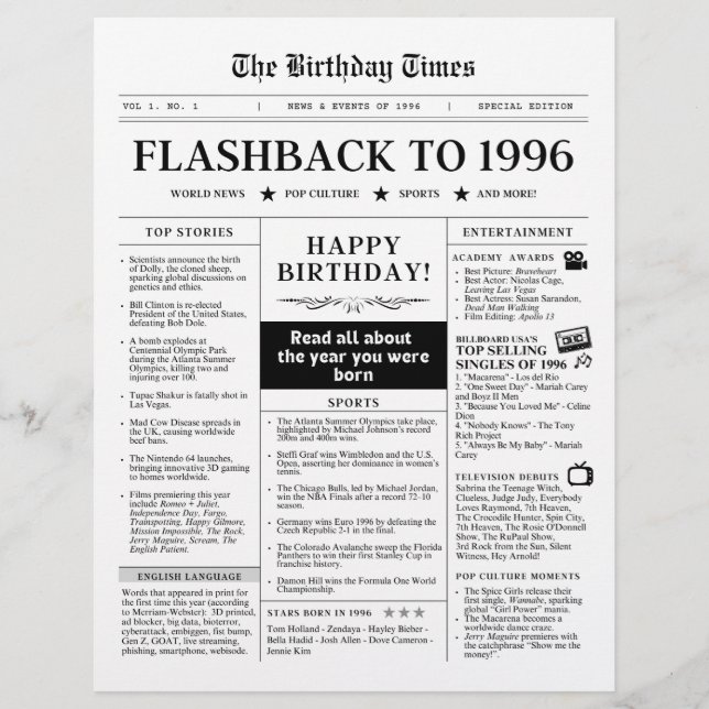 Born in 1996 Fun Black and White Newspaper (Vorderseite)