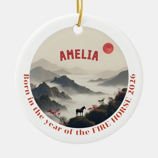 Born in Year of the Horse 2026 Chinese Mountain  Keramik Ornament (Vorne)