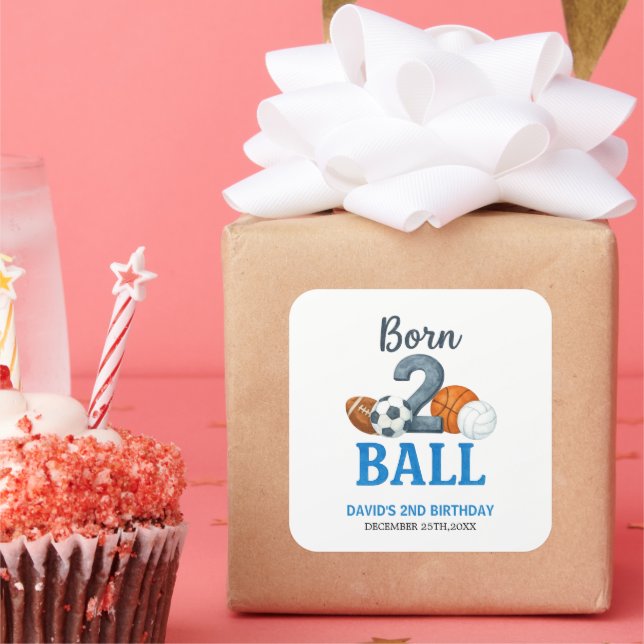 Born To Ball Sports Second Birthday  Quadratischer Aufkleber (Party)
