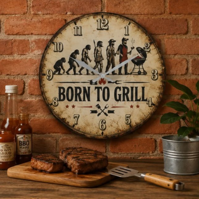Born to Grill Funny BBQ Evolution Große Wanduhr (Von Creator hochgeladen)