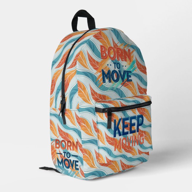Born to Move – Modern Energetic Typography Bedruckter Rucksack (Rückseitige Ecke links)