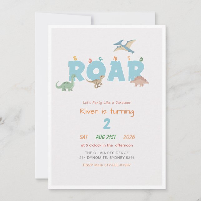 Born to Roar Baby Kid Dinosaur 2nd Birthday Einladung (Vorderseite)
