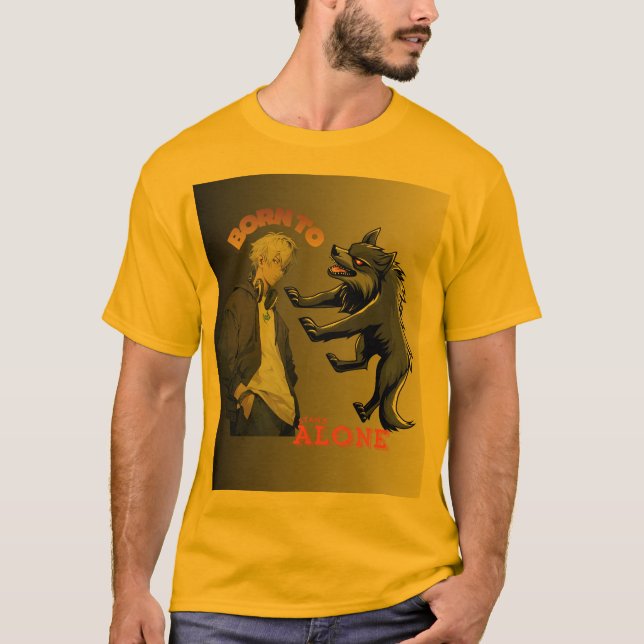 Born to Stand Alone – Anime Boy & Wolf Spirit Aest T-Shirt (Vorderseite)