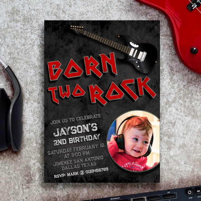 Born Two Rock - Boy 2nd Birthday Invitation (Born Two Rock - Boy 2nd Birthday Invitation with Picture)
