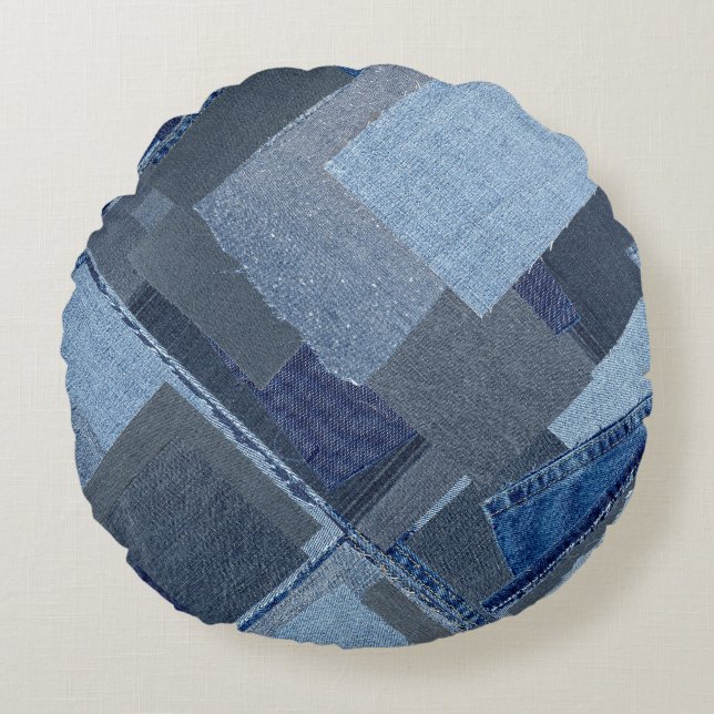 Boro Boro Blue Jean Patchwork Denim Shibori Rundes Kissen (Vorderseite)