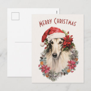 Borzoi Dog Weihnachtsmannmütze Red Poinsettias Wei Feiertagspostkarte